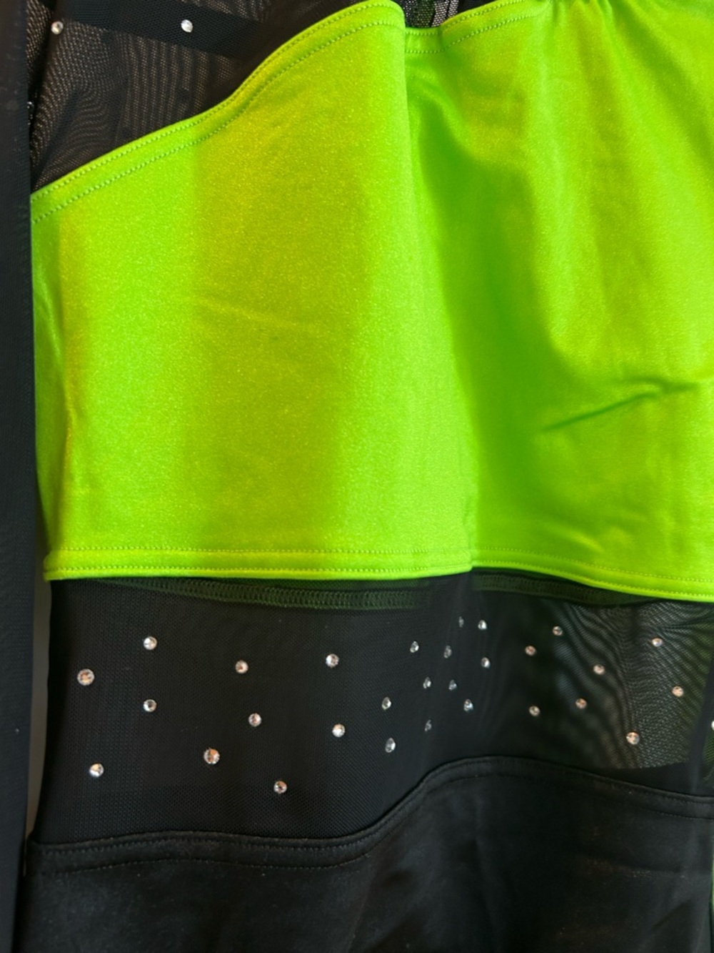 Weissman Neon Green and Black Long Sleeve Leotard with Rhinestones - Picture 3 of 6